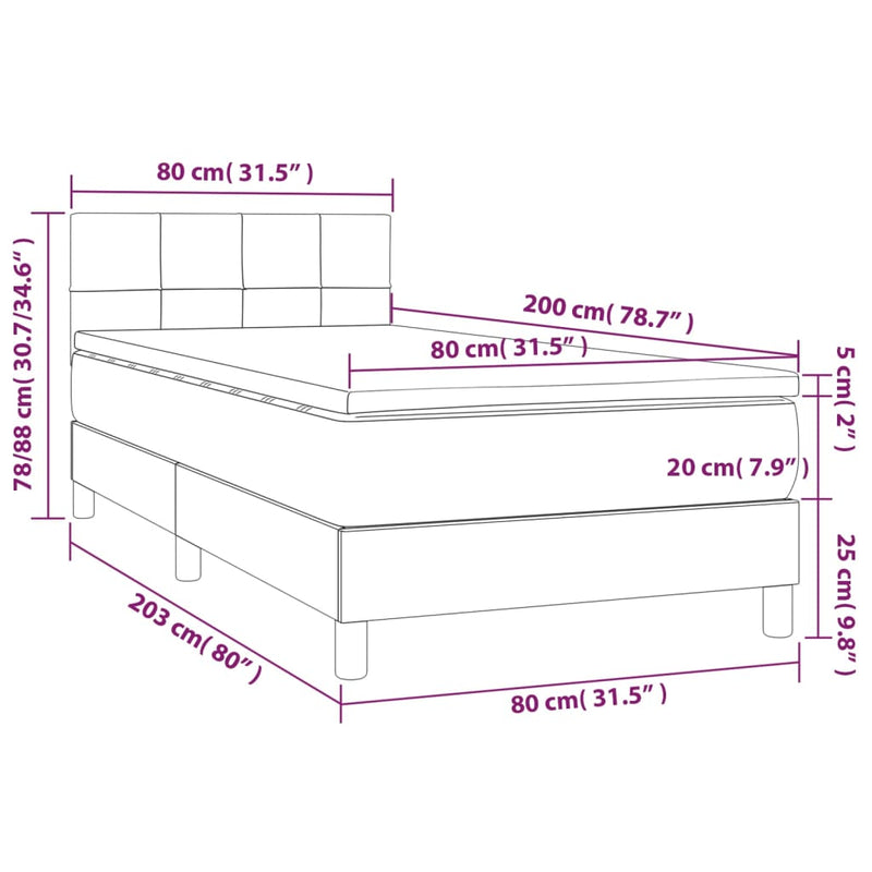 Pat box spring cu saltea, gri deschis, 80x200 cm, catifea
