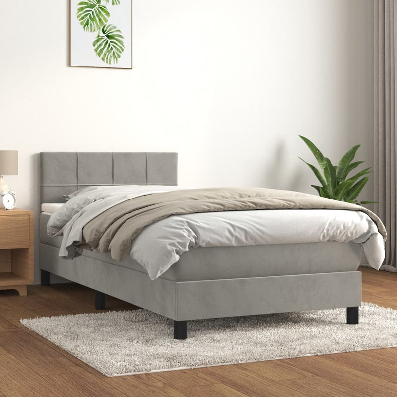 Pat box spring cu saltea, gri deschis, 80x200 cm, catifea