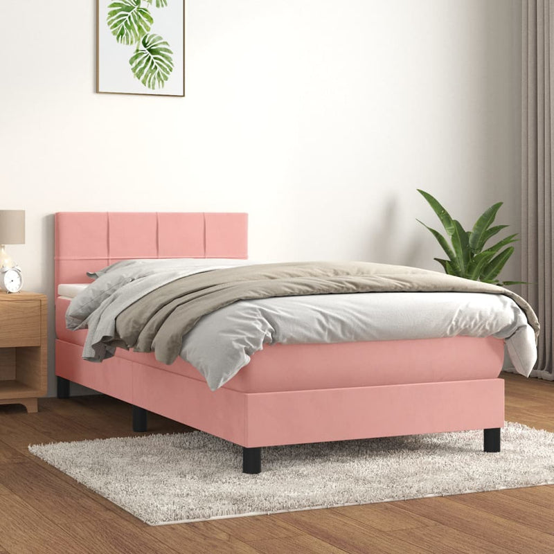Pat box spring cu saltea, roz, 90x200 cm, catifea