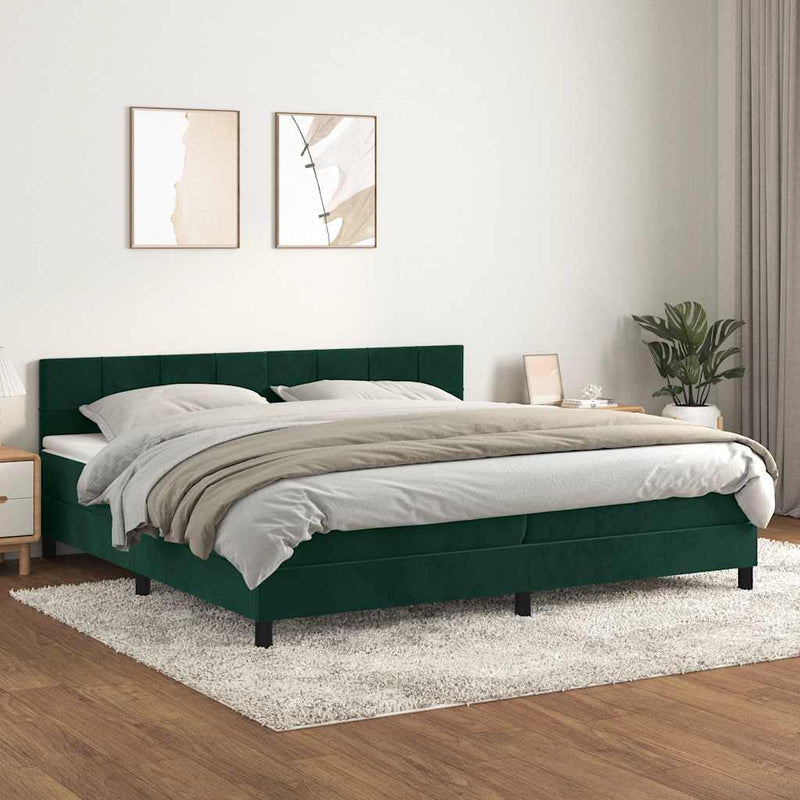 Pat box spring cu saltea, verde închis, 200x200 cm, catifea