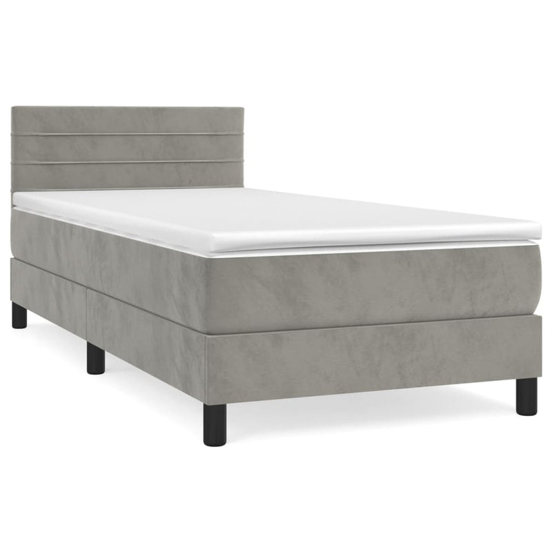 Pat box spring cu saltea, gri deschis, 80x200 cm, catifea