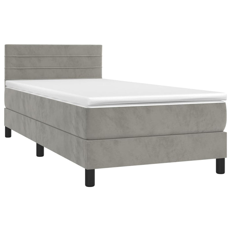Pat box spring cu saltea, gri deschis, 80x200 cm, catifea
