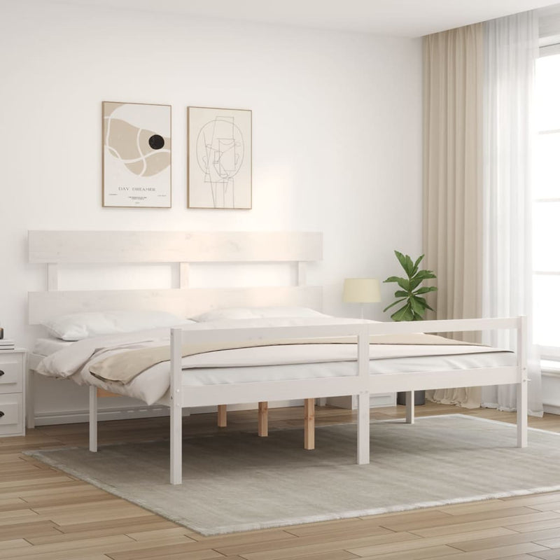 Cadru de pat senior cu tăblie, alb, Super King Size, lemn masiv