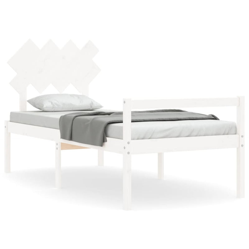 Cadru de pat senior cu tăblie single, alb, lemn masiv