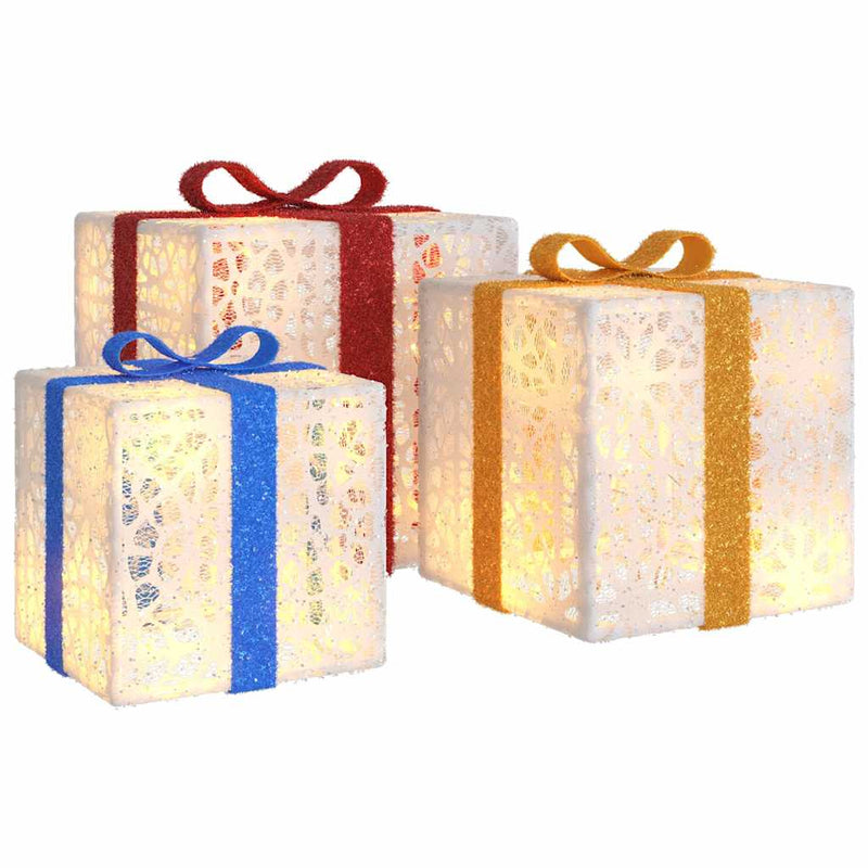 Cutii de Crăciun iluminate, 3 buc., 64 LED-uri, alb cald