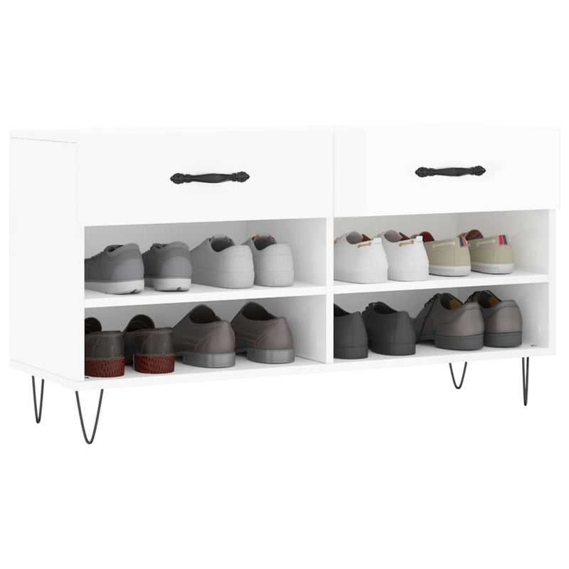 Bancheta pantofar, alb extralucios, 102x35x55 cm, lemn compozit