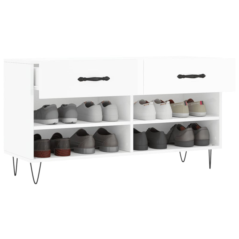 Bancheta pantofar, alb extralucios, 102x35x55 cm, lemn compozit