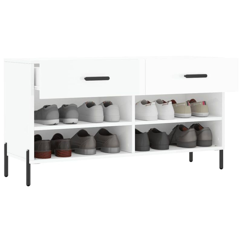 Bancheta pantofar, alb extralucios, 102x35x55 cm, lemn compozit