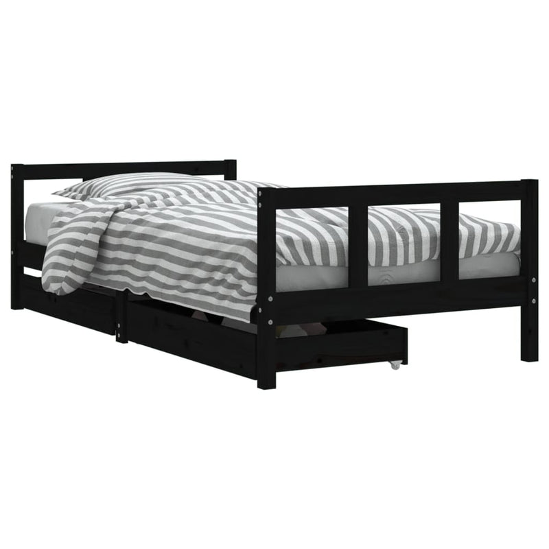 Cadru de pat copii cu sertare, negru, 90x190 cm, lemn masiv pin