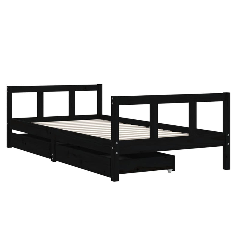 Cadru de pat copii cu sertare, negru, 90x190 cm, lemn masiv pin