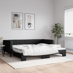 Pat de zi cu extensie, negru, 100x200 cm, textil