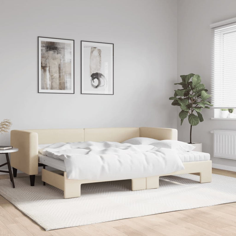 Pat de zi cu extensie și saltele, crem, 80x200 cm, textil