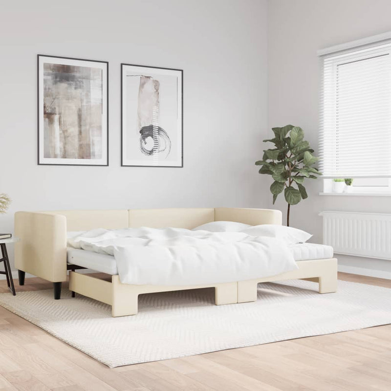 Pat de zi cu extensie și saltele, crem, 90x200 cm, textil