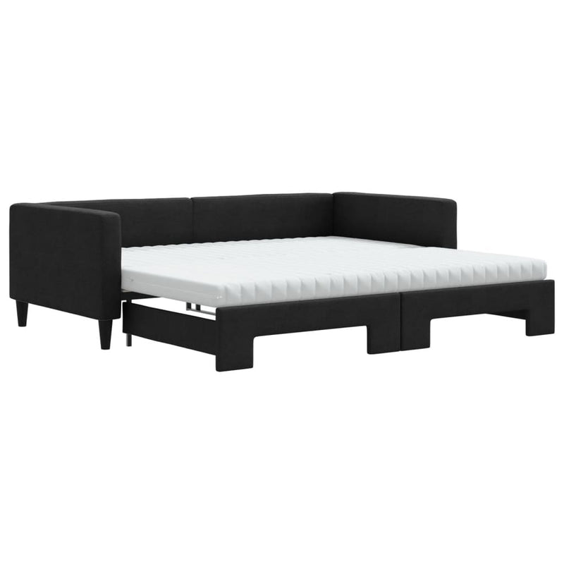 Pat de zi cu extensie și saltele, negru, 100x200 cm, textil