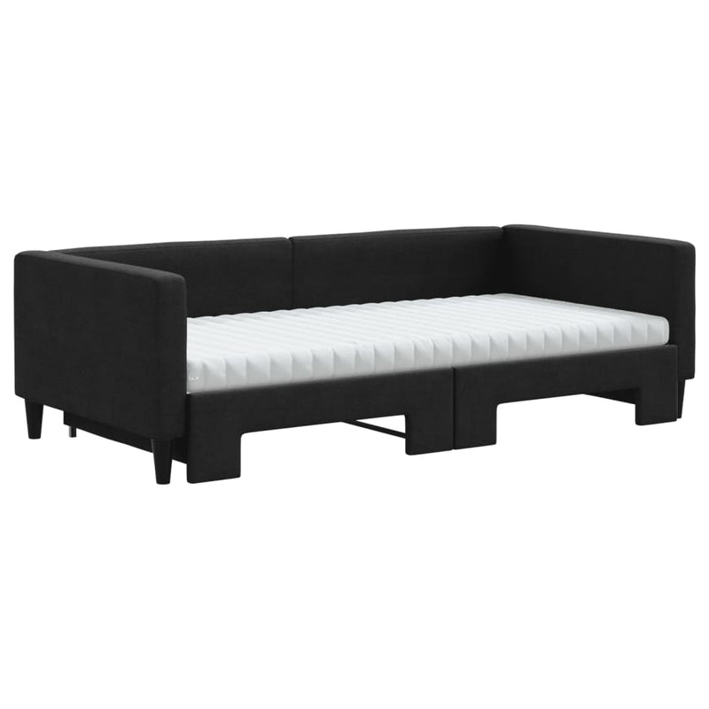 Pat de zi cu extensie și saltele, negru, 100x200 cm, textil