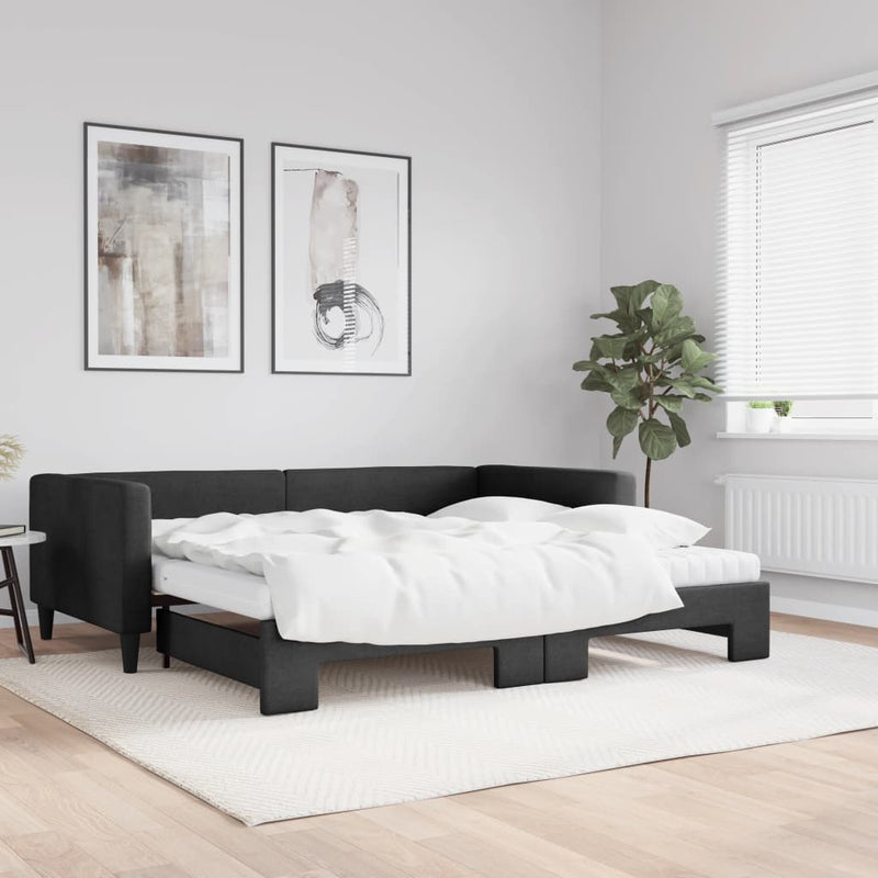 Pat de zi cu extensie și saltele, negru, 100x200 cm, textil