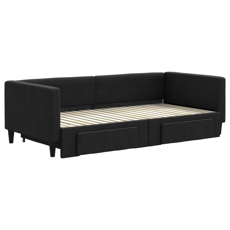 Pat de zi cu extensie și sertare, negru, 90x190cm, textil
