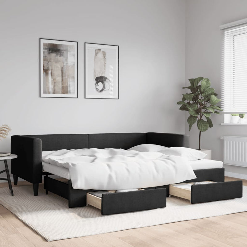 Pat de zi cu extensie și sertare, negru, 90x190cm, textil