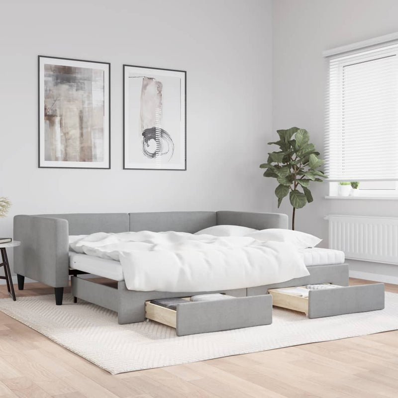 Pat de zi cu extensie și sertare, gri deschis 100x200 cm textil