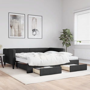 Pat de zi cu extensie și sertare, negru, 100x200 cm, textil