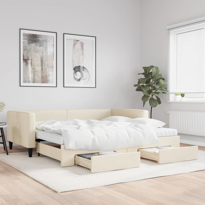 Pat de zi cu extensie și sertare, crem, 100x200 cm, textil