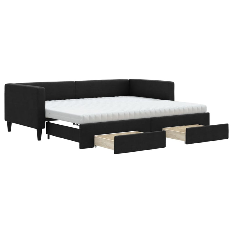 Pat de zi cu extensie și sertare, negru, 90x190cm, textil