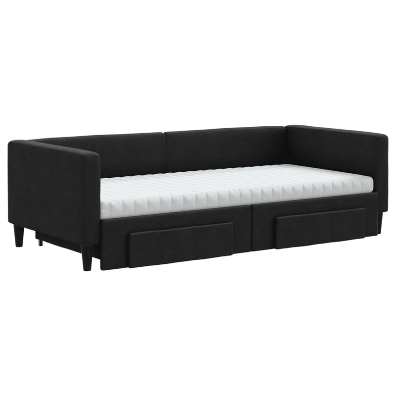 Pat de zi cu extensie și sertare, negru, 90x190cm, textil