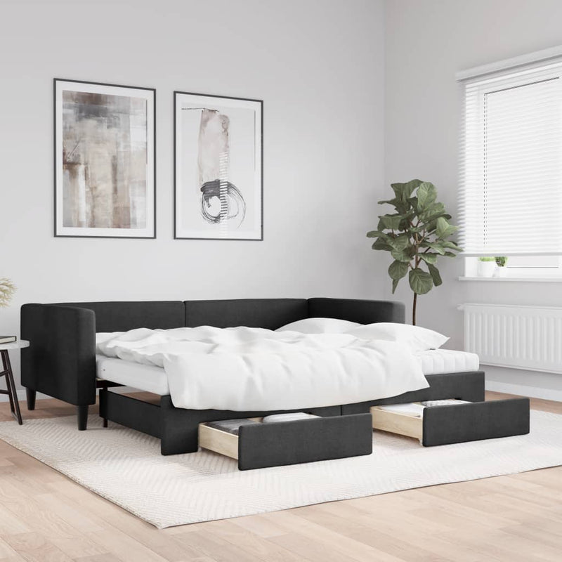 Pat de zi cu extensie și sertare, negru, 90x190cm, textil