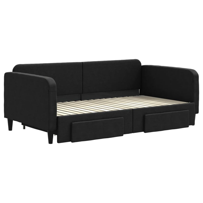 Pat de zi cu extensie și sertare, negru, 90x190cm, textil