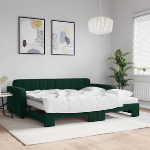 Pat de zi cu extensie și saltele verde închis 90x200 cm catifea