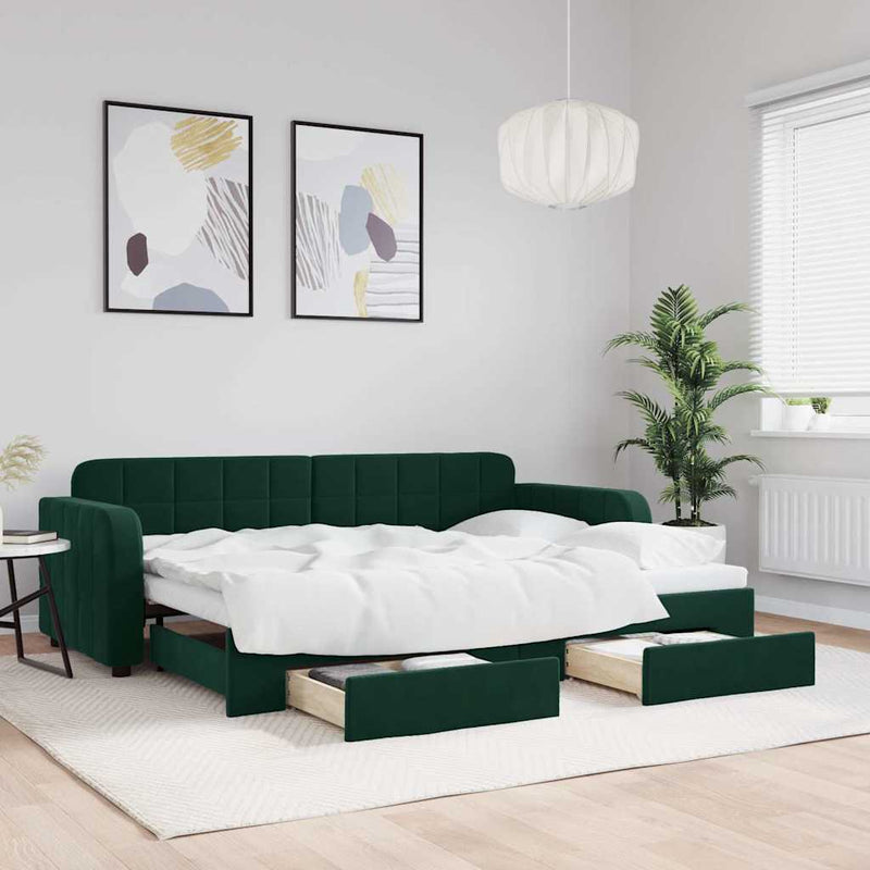 Pat de zi cu extensie și sertare verde închis 80x200 cm catifea