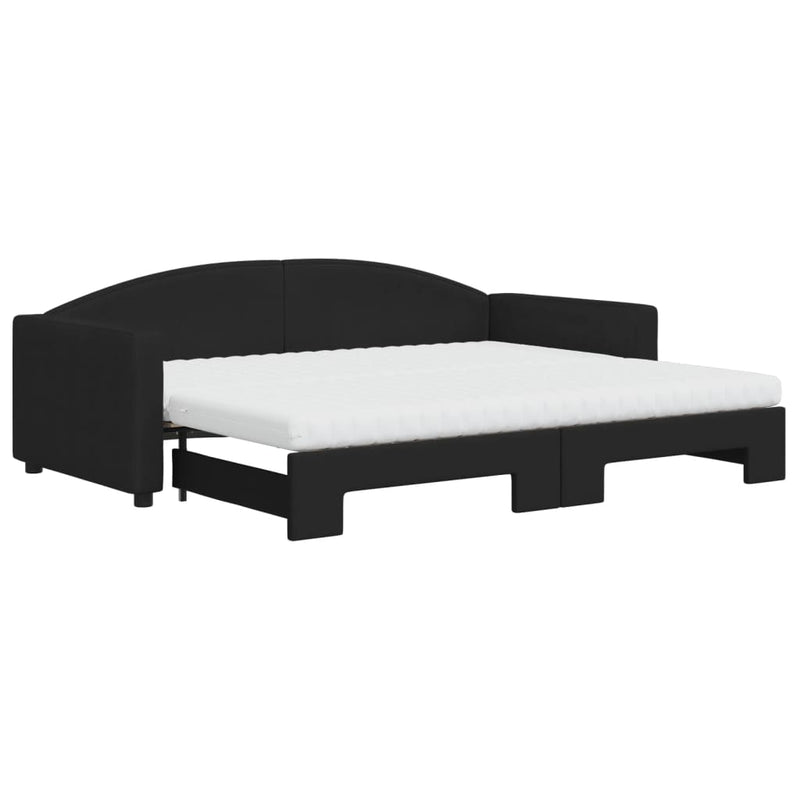 Pat de zi cu extensie și saltele, negru, 90x200 cm, textil