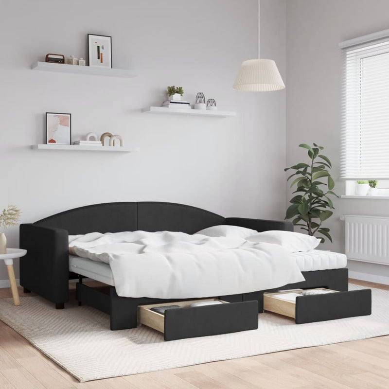 Pat de zi cu extensie și sertare, negru, 90x190cm, textil