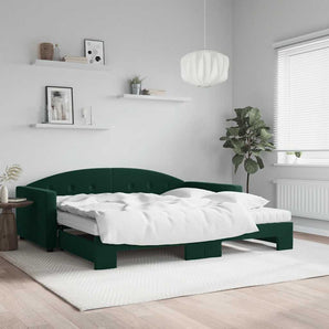 Pat de zi cu extensie și saltele verde închis 100x200cm catifea