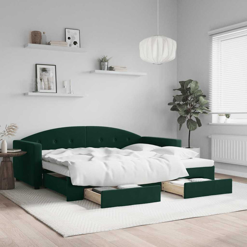 Pat de zi cu extensie și sertare verde închis 90x200 cm catifea