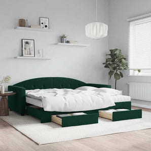 Pat de zi cu extensie și sertare verde închis 90x200 cm catifea