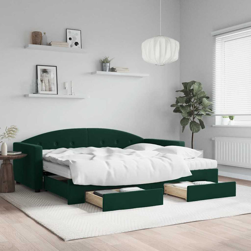 Pat de zi cu extensie și sertare verde închis 90x200 cm catifea