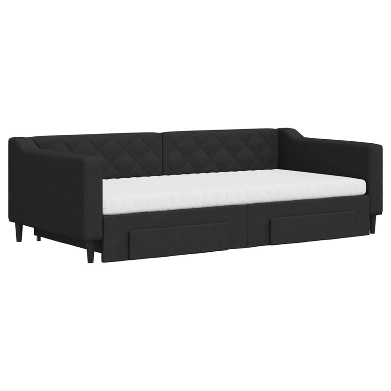 Pat de zi cu extensie și sertare, negru, 100x200 cm, textil