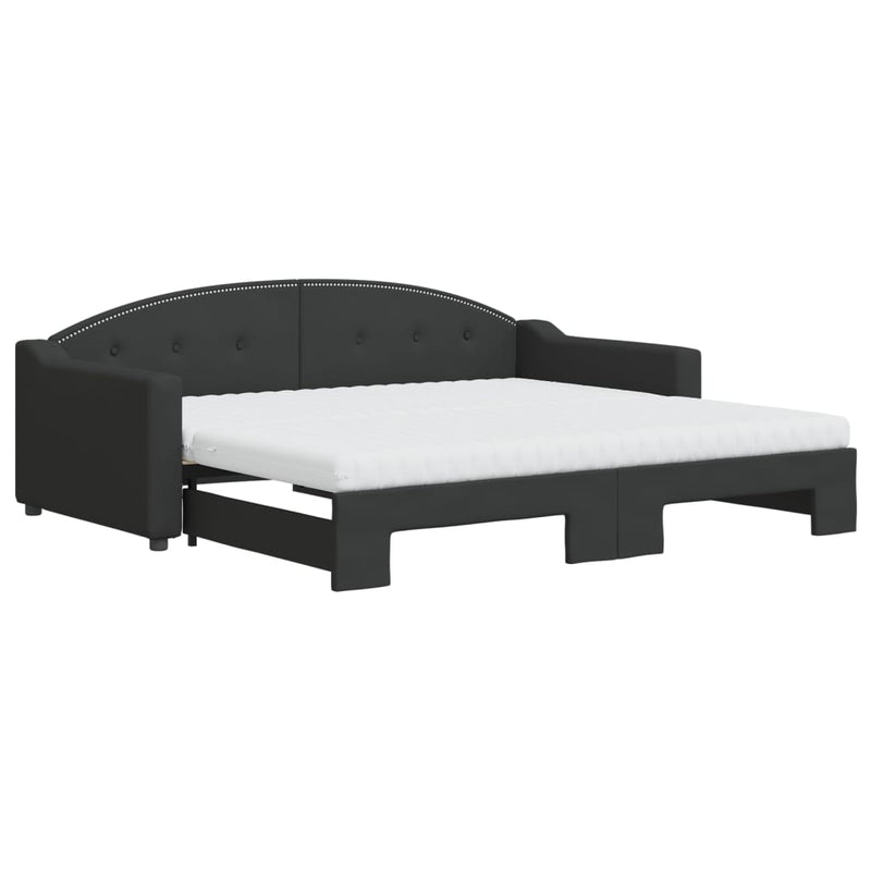 Pat de zi cu extensie și saltele, negru, 90x190 cm, textil