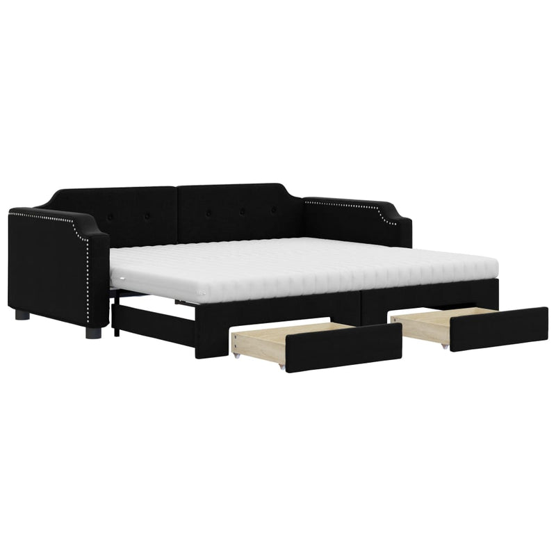 Pat de zi cu extensie și sertare, negru, 90x190cm, textil