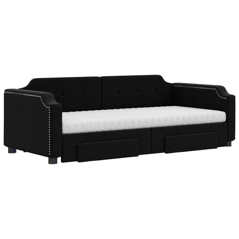 Pat de zi cu extensie și sertare, negru, 90x190cm, textil