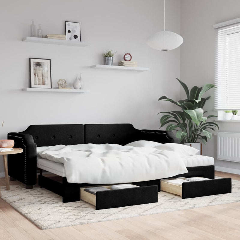 Pat de zi cu extensie și sertare, negru, 90x190cm, textil