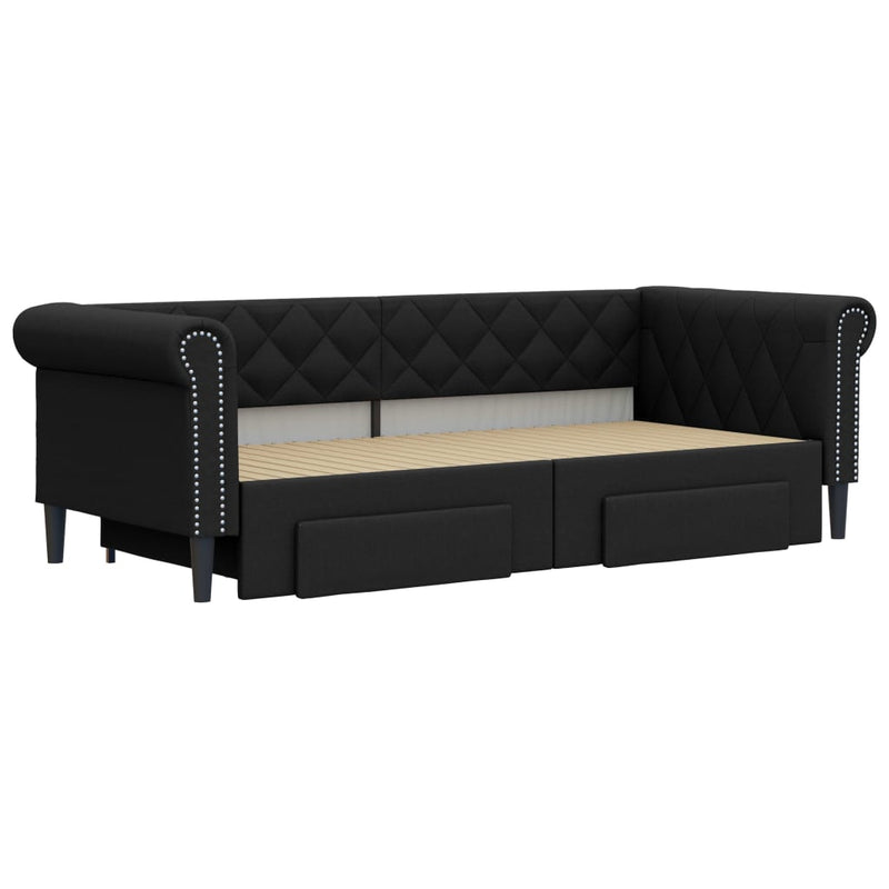 Pat de zi cu extensie și sertare negru 90x200cm piele ecologică