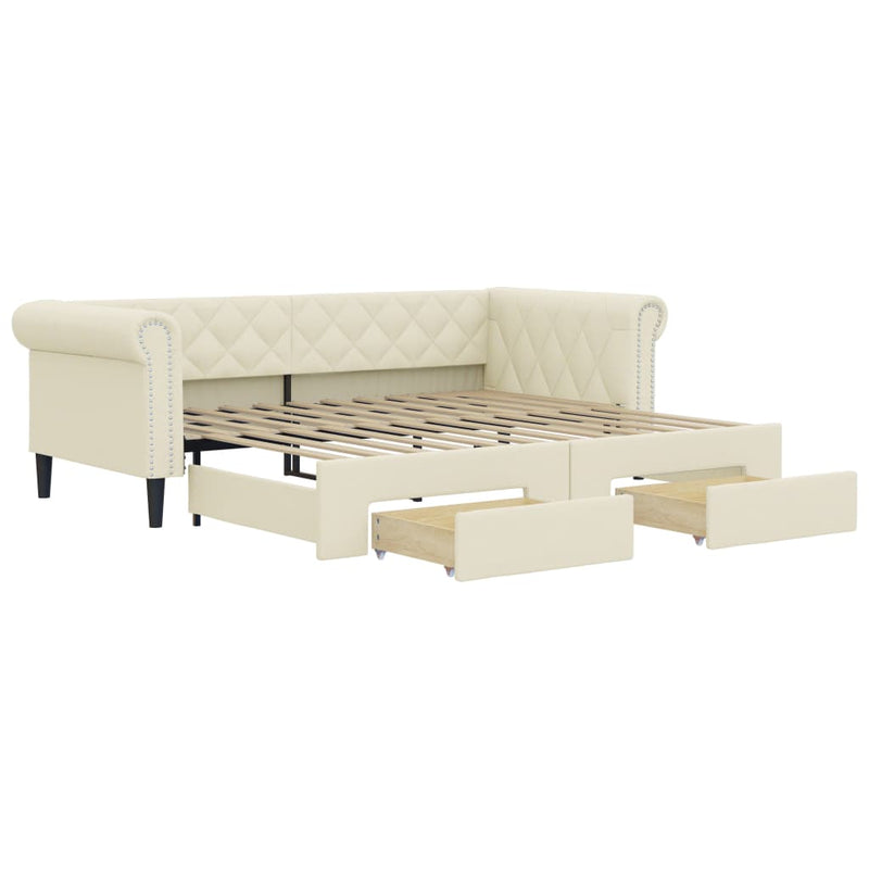 Pat de zi cu extensie și sertare crem 90x200 cm piele ecologică