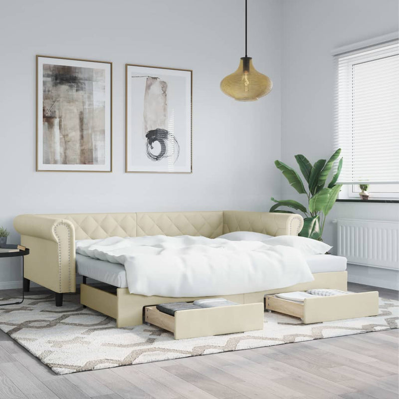 Pat de zi cu extensie și sertare crem 90x200 cm piele ecologică