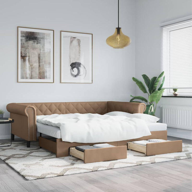 Pat de zi cu extensie și sertare cappuccino 90x200 cm piele eco