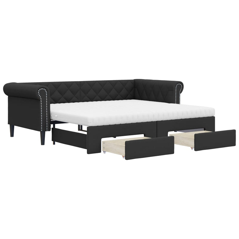 Pat de zi cu extensie și sertare negru 90x200cm piele ecologică