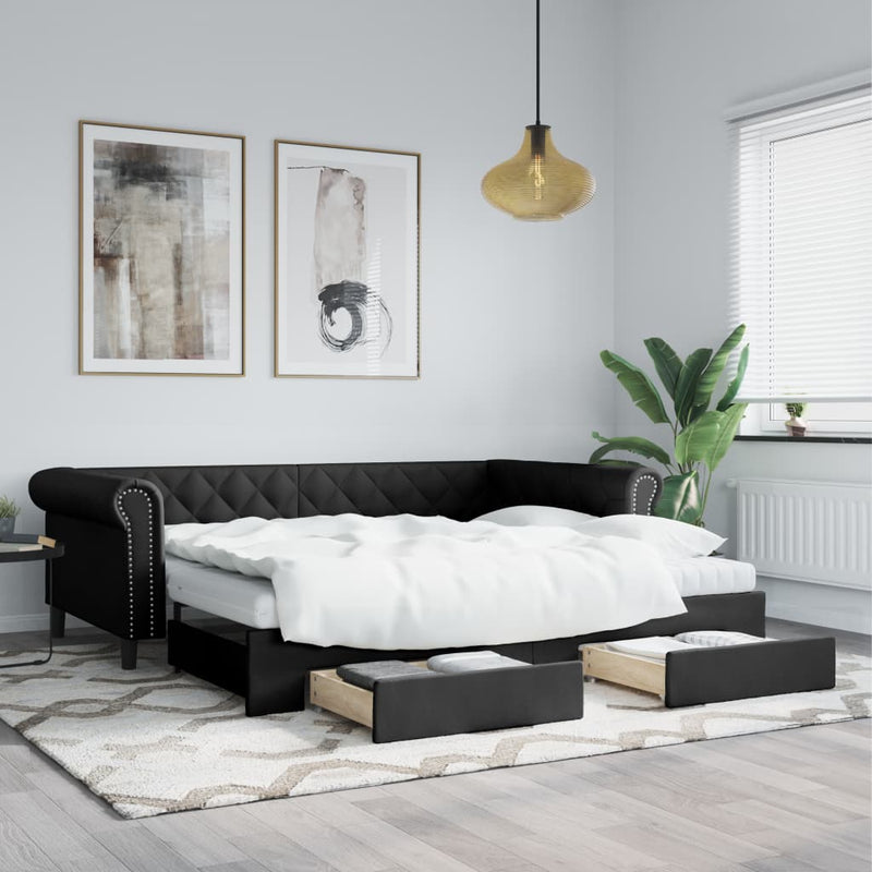 Pat de zi cu extensie și sertare negru 90x200cm piele ecologică