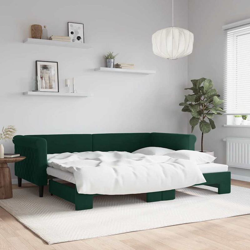 Pat de zi cu extensie, verde închis, 90x200 cm, catifea