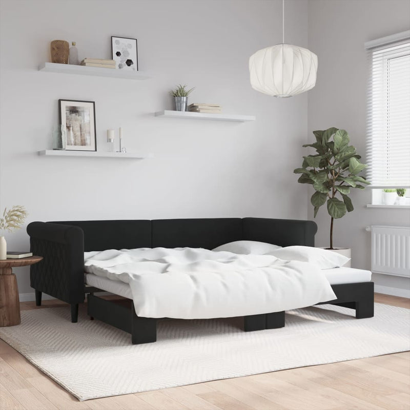 Pat de zi cu extensie, negru, 90x190 cm, catifea